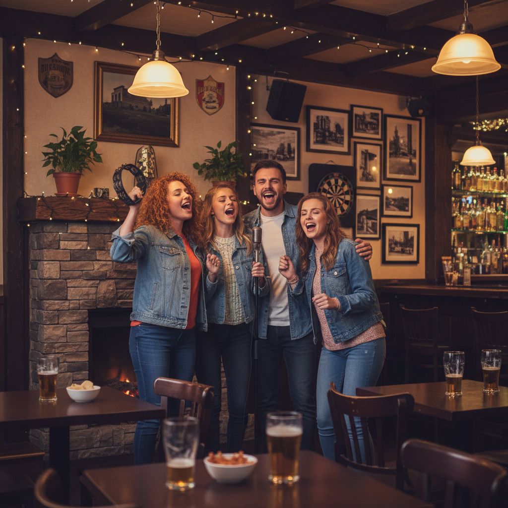 Groupe d'amis chantant avec passion au karaoké dans un pub chaleureux au style américain, avec des lumières tamisées et une décoration en bois.