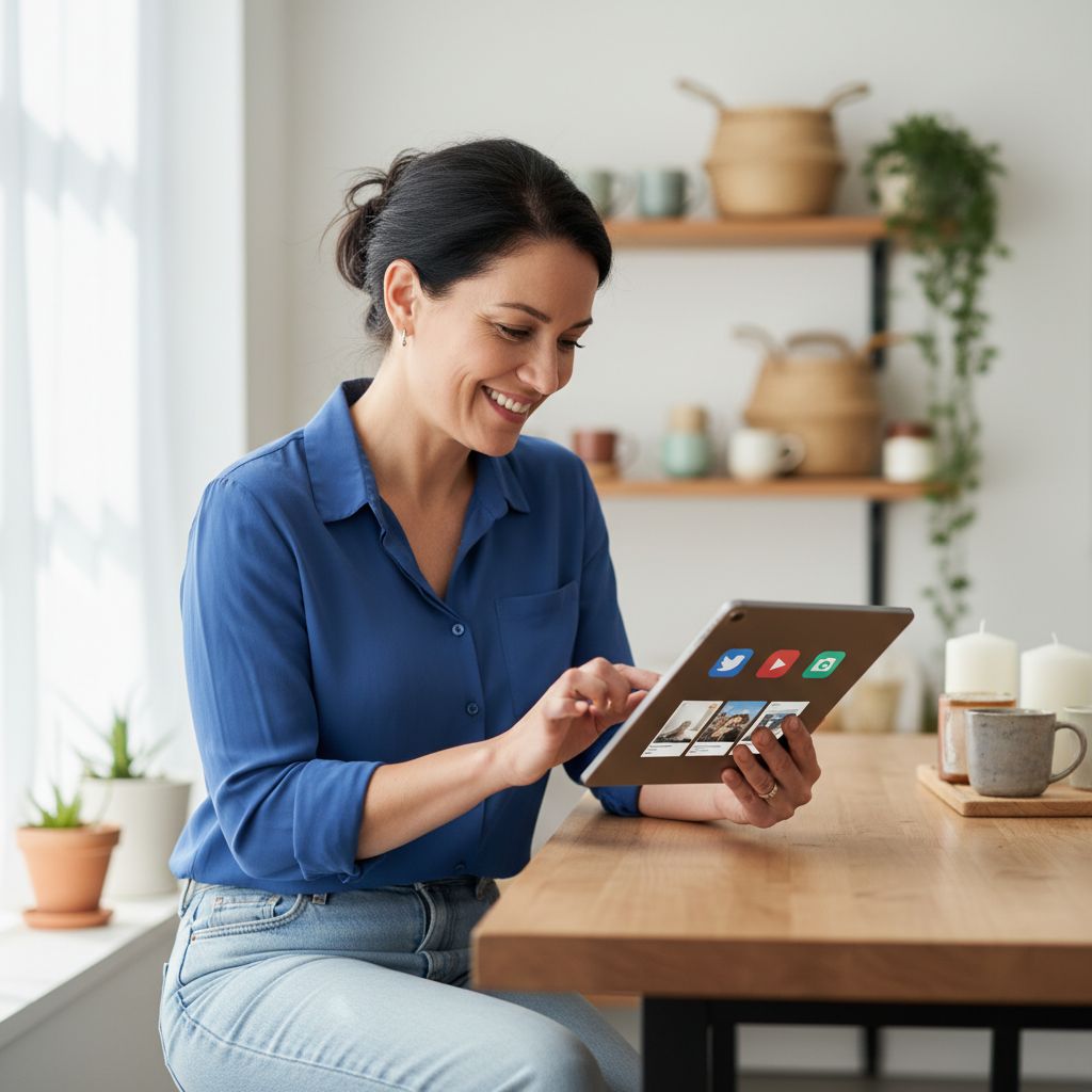 Le propriétaire d'une petite boutique souriant, utilisant une tablette pour gérer les réseaux sociaux de son magasin, avec des produits artisanaux en arrière-plan.