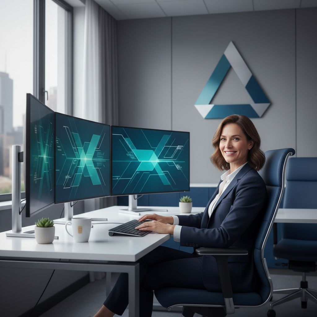 Un professionnel occupé, homme ou femme, semblant satisfait après avoir rapidement accompli une tâche sur son PC. Non pas stressé, mais concentré et efficace.