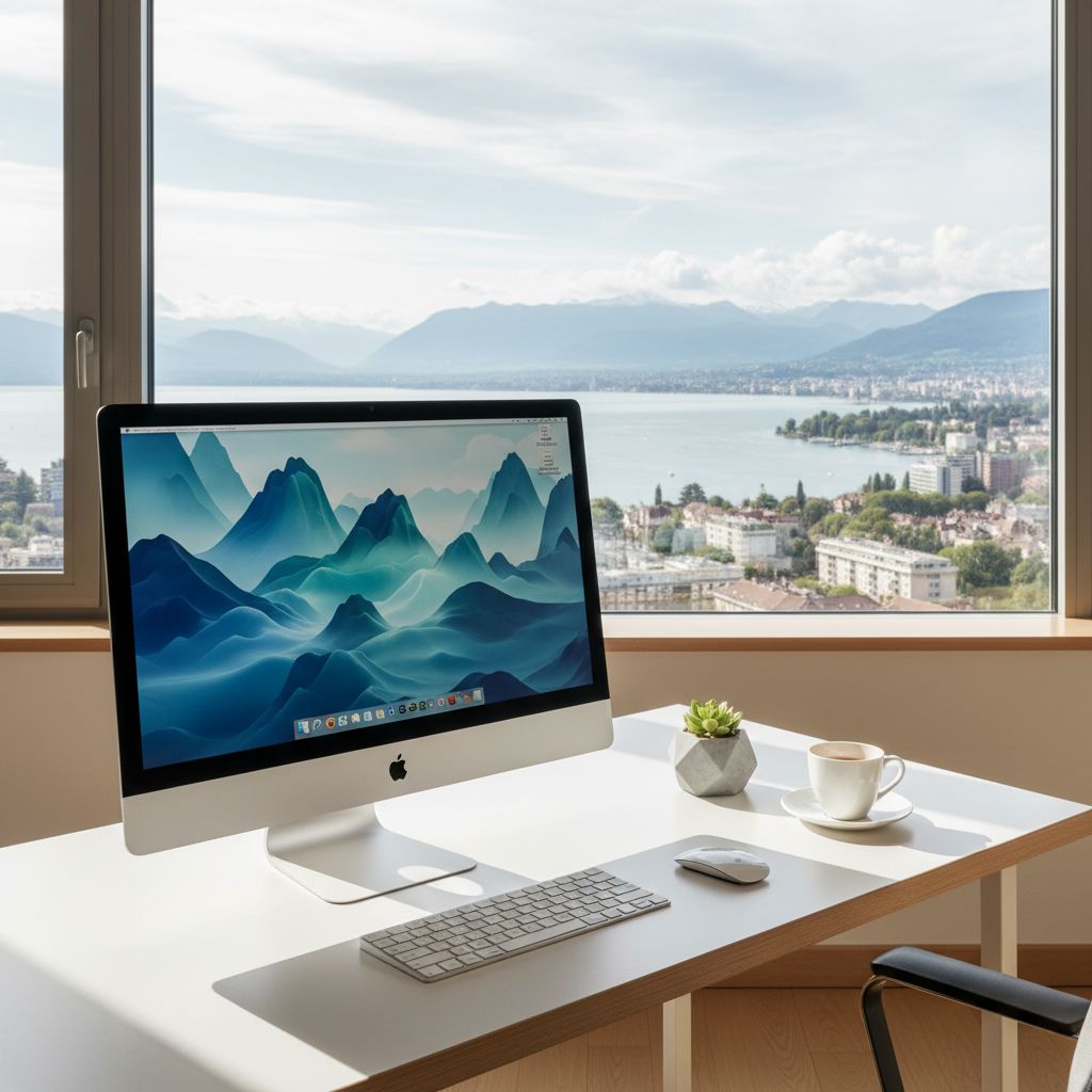 Un bureau de travail élégant et moderne avec un ordinateur, offrant une vue en arrière-plan sur le lac Léman pour évoquer la région de Lausanne. L'ambiance est calme et productive.