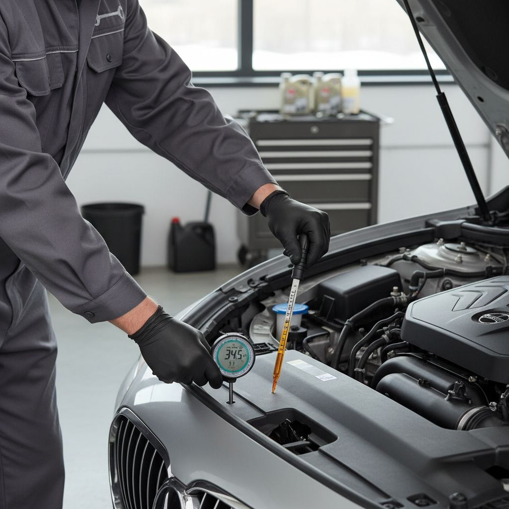 Un mécanicien effectuant une vérification de la pression des pneus et du niveau d