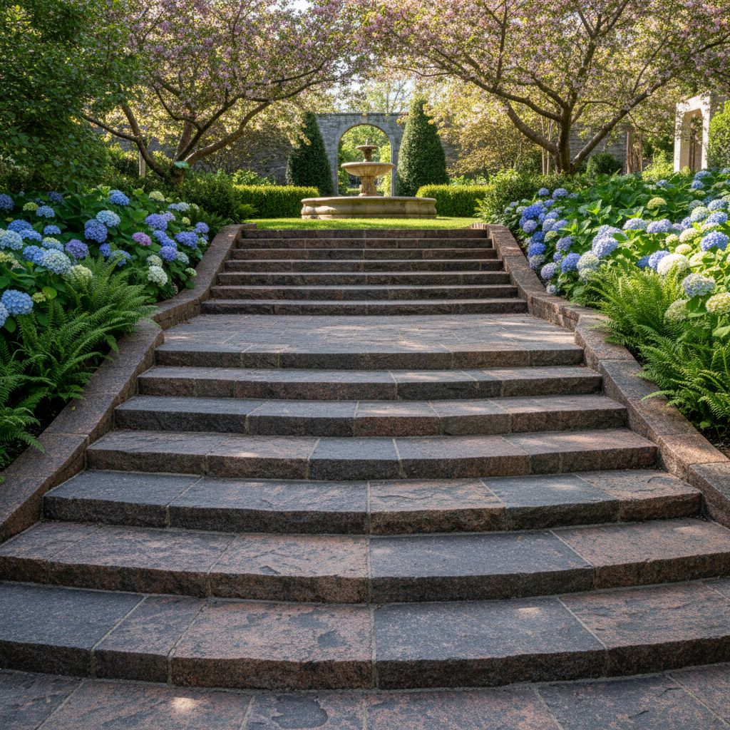Un escalier extérieur majestueux fait de dalles de granit avec une finition flammée antidérapante, menant à un jardin paysager luxuriant.