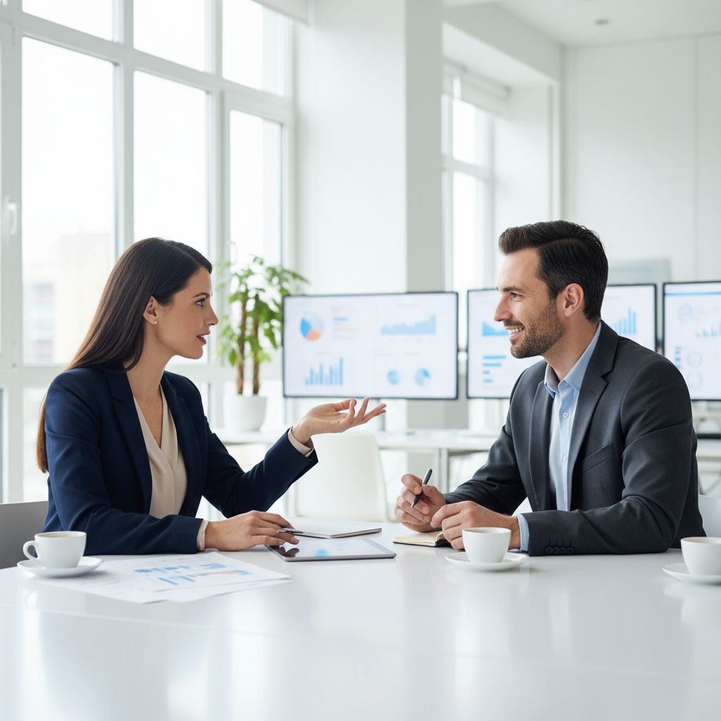 Une cheffe d'entreprise qui discute en toute sérénité de ses finances avec son expert-comptable. La scène se passe dans un bureau moderne et illustre parfaitement ce que sont la collaboration et le partenariat.