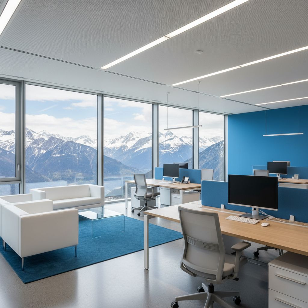Un bureau moderne et lumineux en Suisse, avec une belle vue sur les montagnes, qui évoque la confiance, la clarté et le professionnalisme.