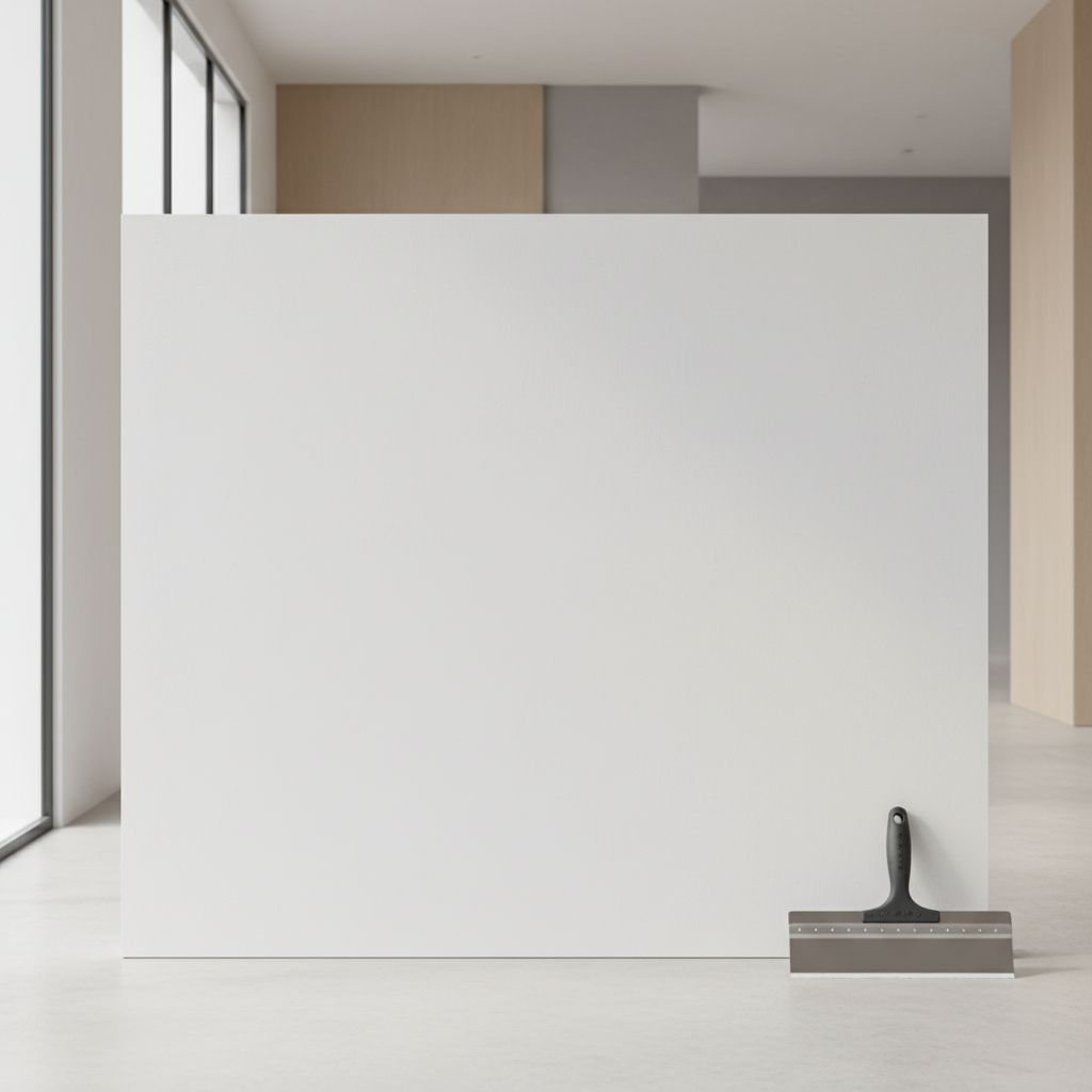 Un mur parfaitement préparé, lisse et propre, avec des outils de préparation comme un enduit et une spatule posés à proximité, dans un intérieur design.