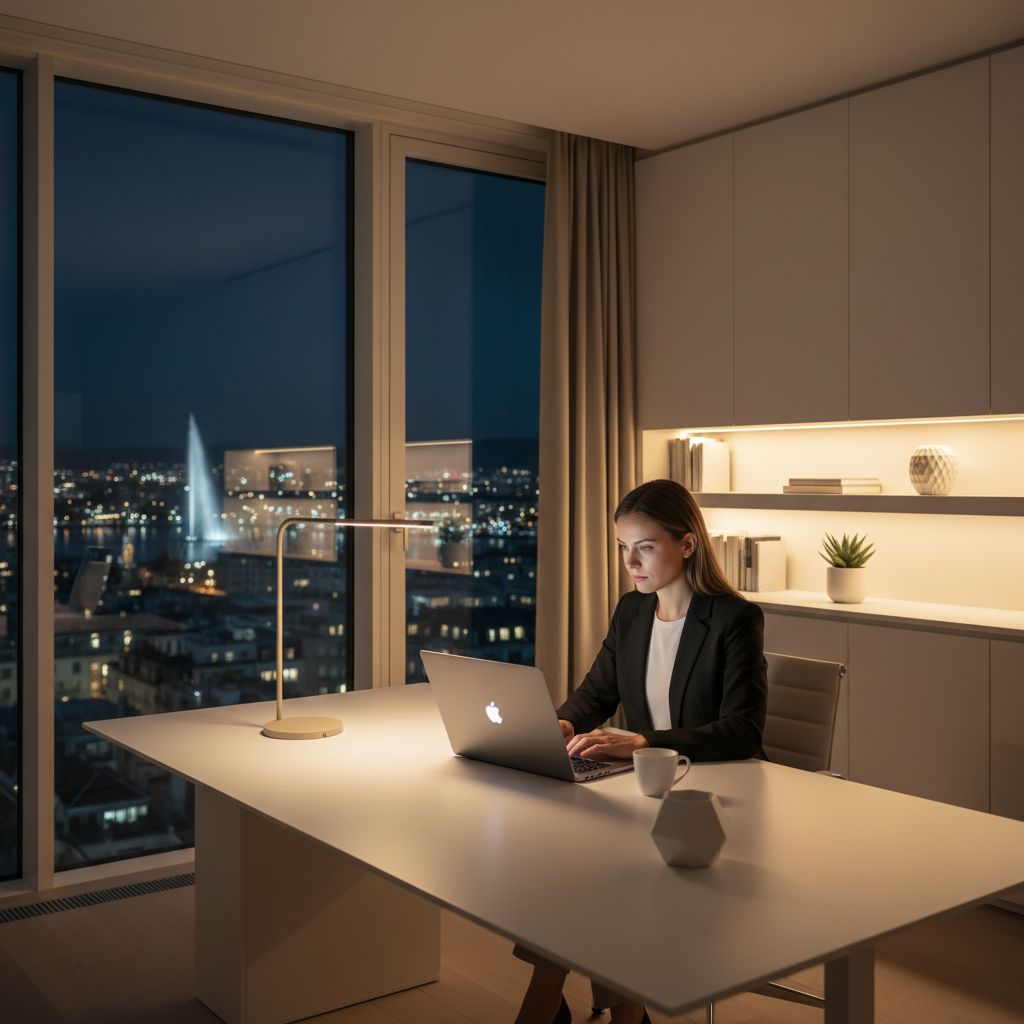 Un entrepreneur travaillant tard le soir sur son ordinateur portable dans un bureau moderne et minimaliste à Genève, avec en arrière-plan une vue sur la ville illuminée.