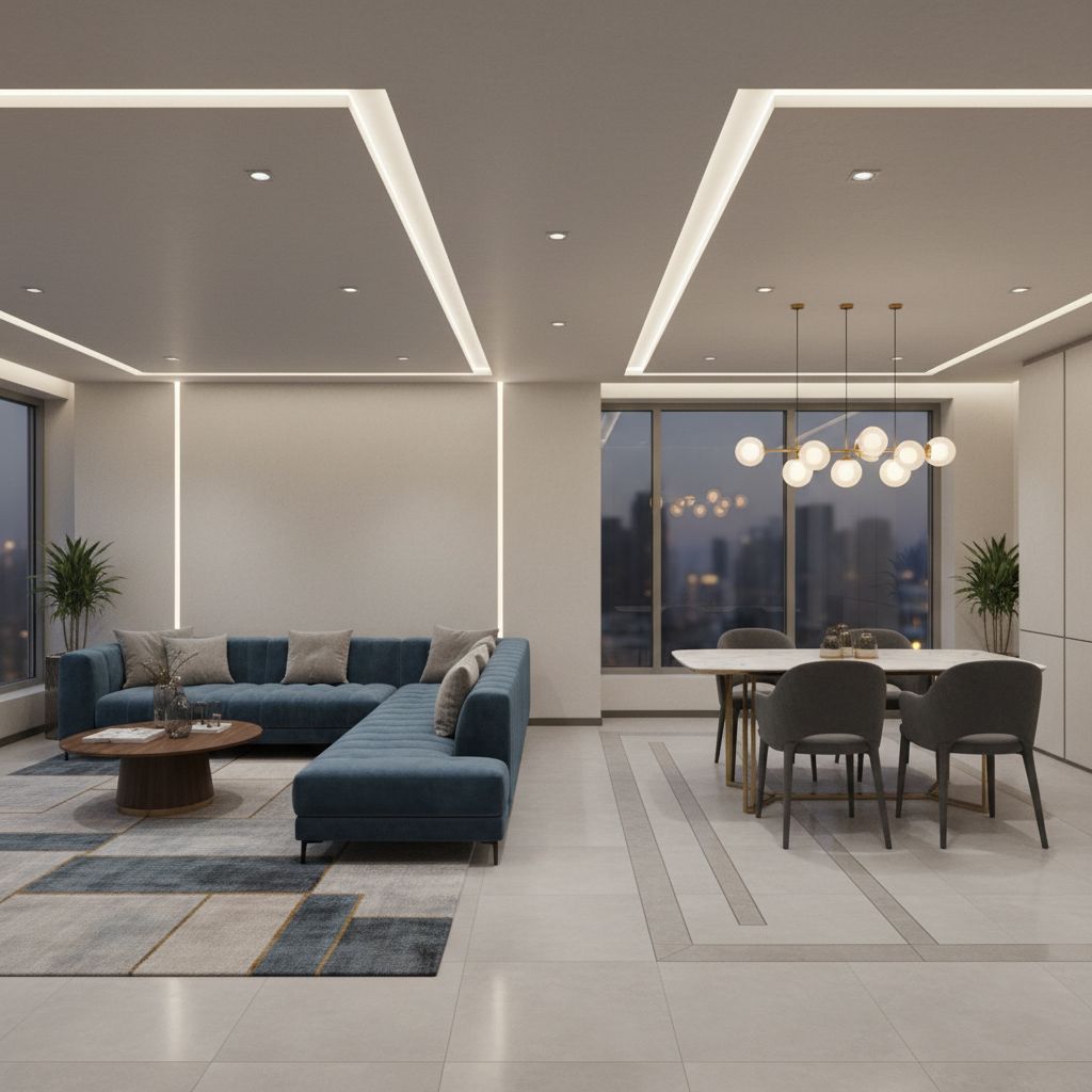 Un aménagement intérieur de salon moderne avec un canapé d'angle bleu pétrole qui délimite l'espace salon d'une salle à manger avec une table en marbre et des chaises en velours.