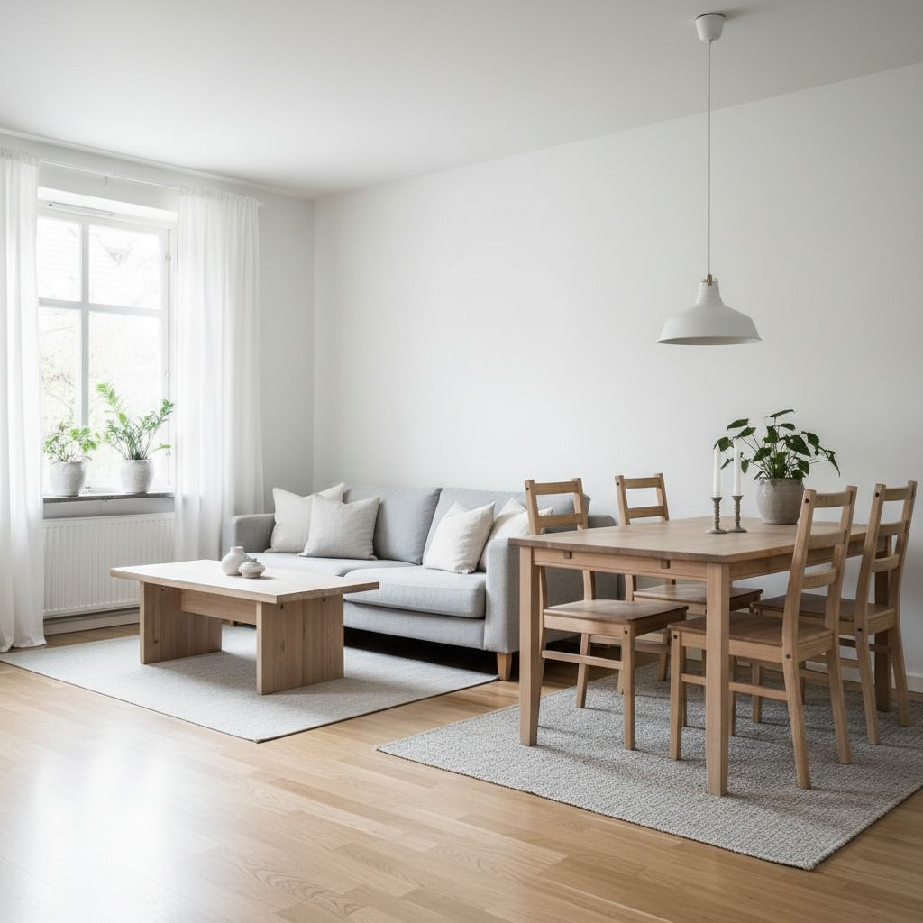 Un salon salle à manger ouvert et lumineux avec un style scandinave, des murs blancs, un canapé gris et une table en bois clair, montrant une parfaite harmonie entre les deux espaces.