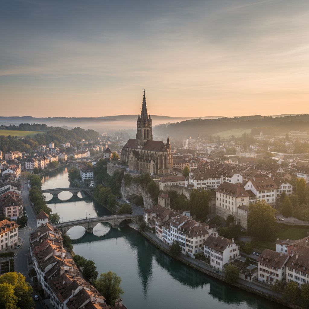 Vue apaisante sur la ville de Fribourg avec la cathédrale, symbolisant un havre de paix au milieu des défis.