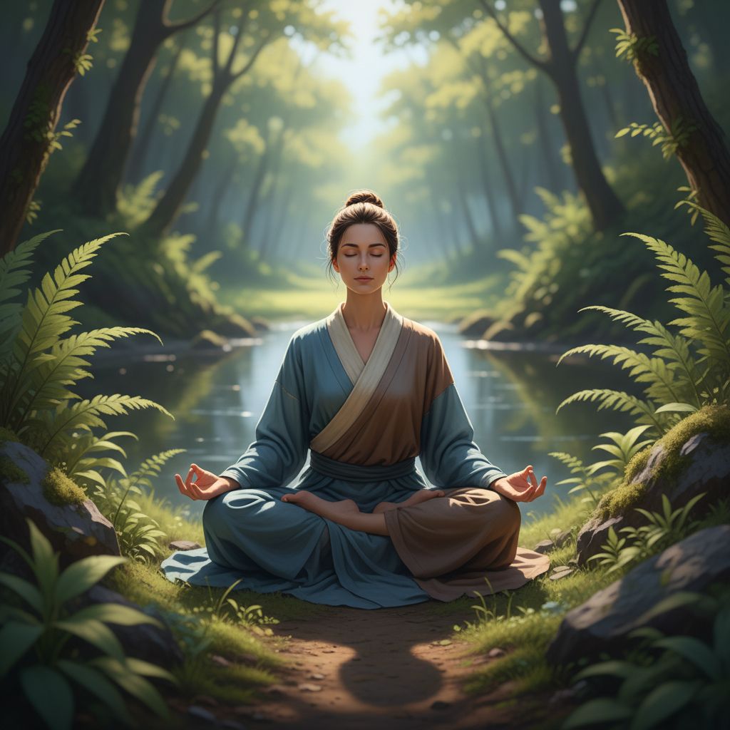 Personne assise en position de lotus dans un environnement naturel et serein, les mains en position de méditation, symbolisant la paix intérieure et l'équilibre énergétique.