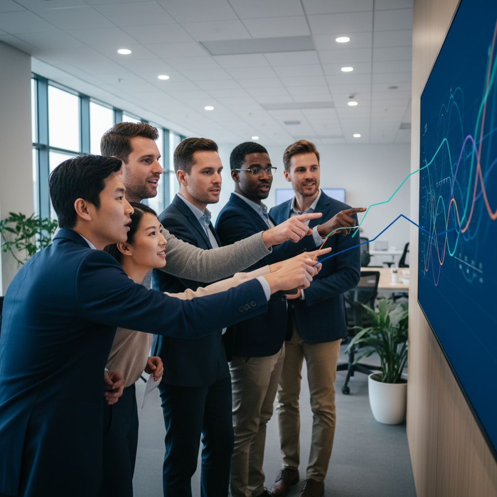 A digital marketing agency team huddled together in a modern office, pointing at a screen showing impressive growth charts and analytics, looking focused and energized.