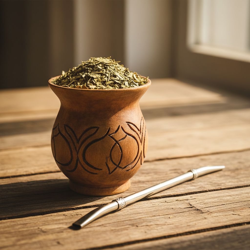 Des feuilles de yerba maté séchées présentées de manière traditionnelle dans une calebasse en bois, avec une bombilla à côté.