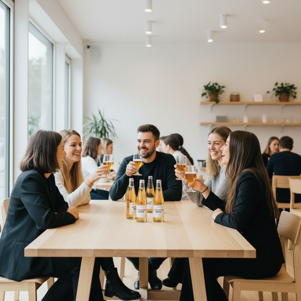 Imaginez la scène : un café sympa en Suisse, moderne et lumineux. Des jeunes discutent, rigolent autour d'une table avec quelques bouteilles en verre de maté pétillant.