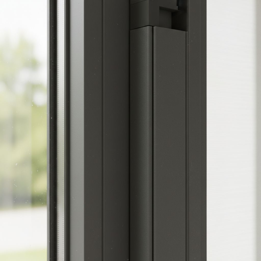 Gros plan sur un coffre de moustiquaire enroulable de couleur anthracite, parfaitement intégré au cadre d'une fenêtre moderne.