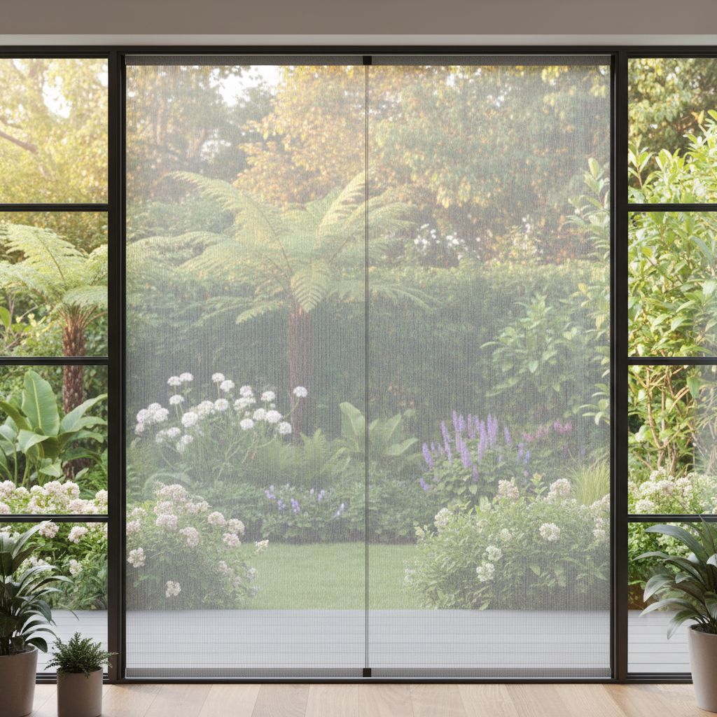 Une porte-fenêtre moderne donnant sur un jardin verdoyant, équipée d'une moustiquaire plissée à peine visible, laissant entrer la lumière et l'air.