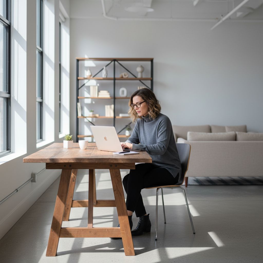 A creative entrepreneur totally in the zone, working on a laptop in a modern, light-filled workspace.
