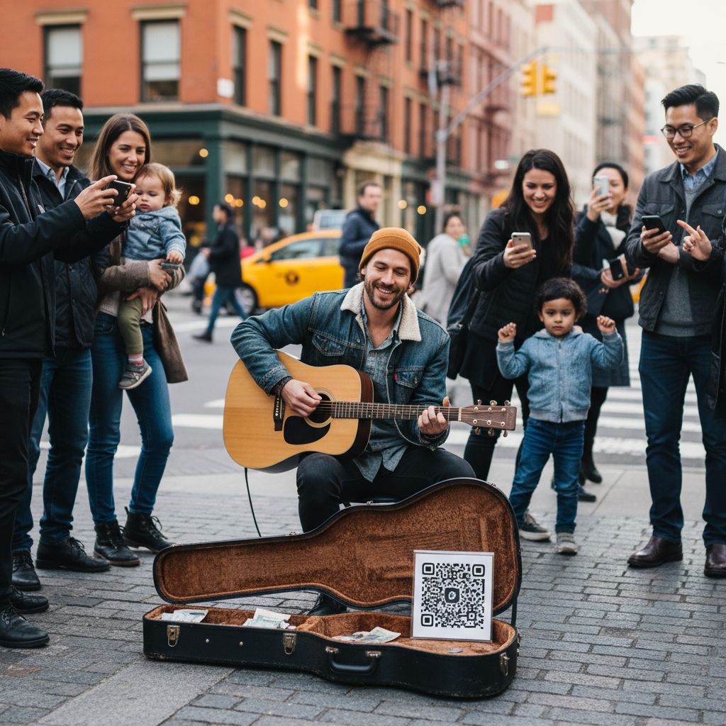 A street musician brings a busy city corner to life with their guitar. In front of their open guitar case, a clear QR code sign invites smiling onlookers to leave a digital tip.