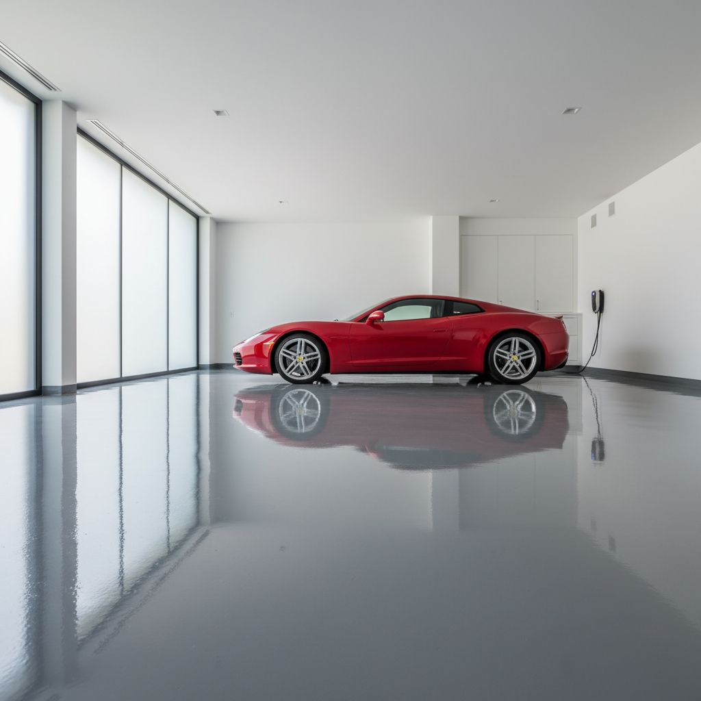 Un sol de garage moderne et lumineux, peint avec une résine époxy grise brillante, sur lequel est garée une voiture de sport rouge. La réflexion de la voiture sur le sol met en évidence la finition lisse et la propreté de l'espace.