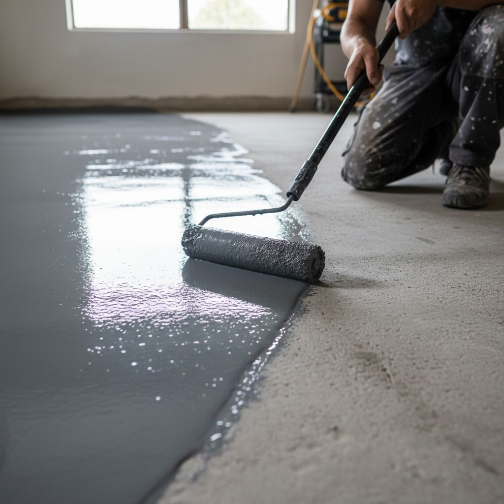 Un artisan peintre professionnel en train d'appliquer une couche de résine époxy grise sur un sol de garage en béton. Il utilise un rouleau à long manche, et la moitié du sol est déjà peinte, montrant le contraste entre le béton brut et la finition lisse et brillante.