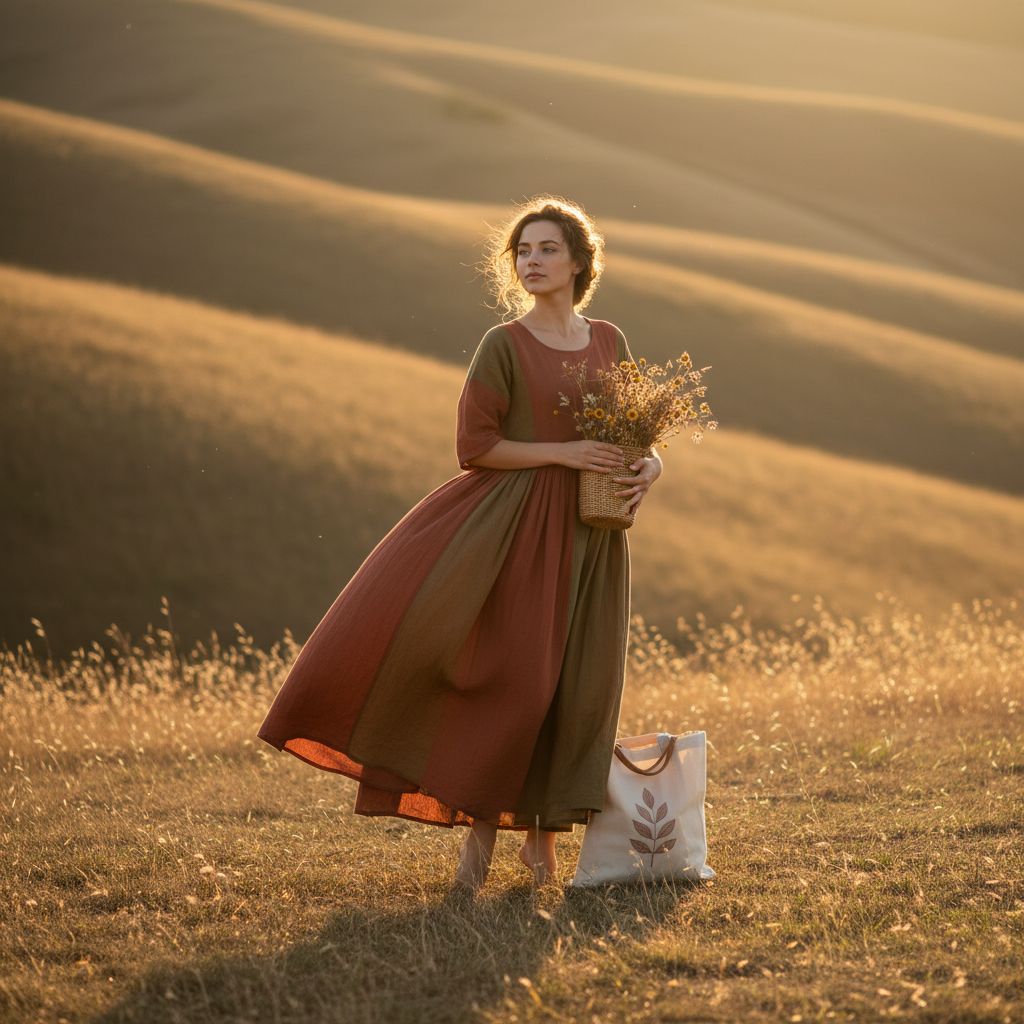 Une femme élégante portant une robe fluide, se tenant dans un paysage californien ensoleillé avec des collines dorées en arrière-plan, illustrant le style de vie et la mode californienne durable.