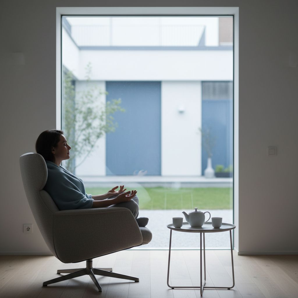 Une personne qui prend un moment pour elle, assise confortablement et regardant au loin par la fenêtre, une image qui évoque bien ce lien si important entre le corps et l'esprit.