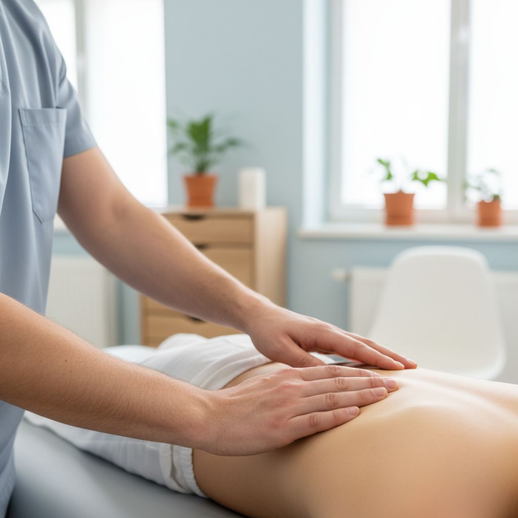 Des mains d'ostéopathe posées délicatement sur le dos d'un patient, dans un cabinet lumineux et apaisant.