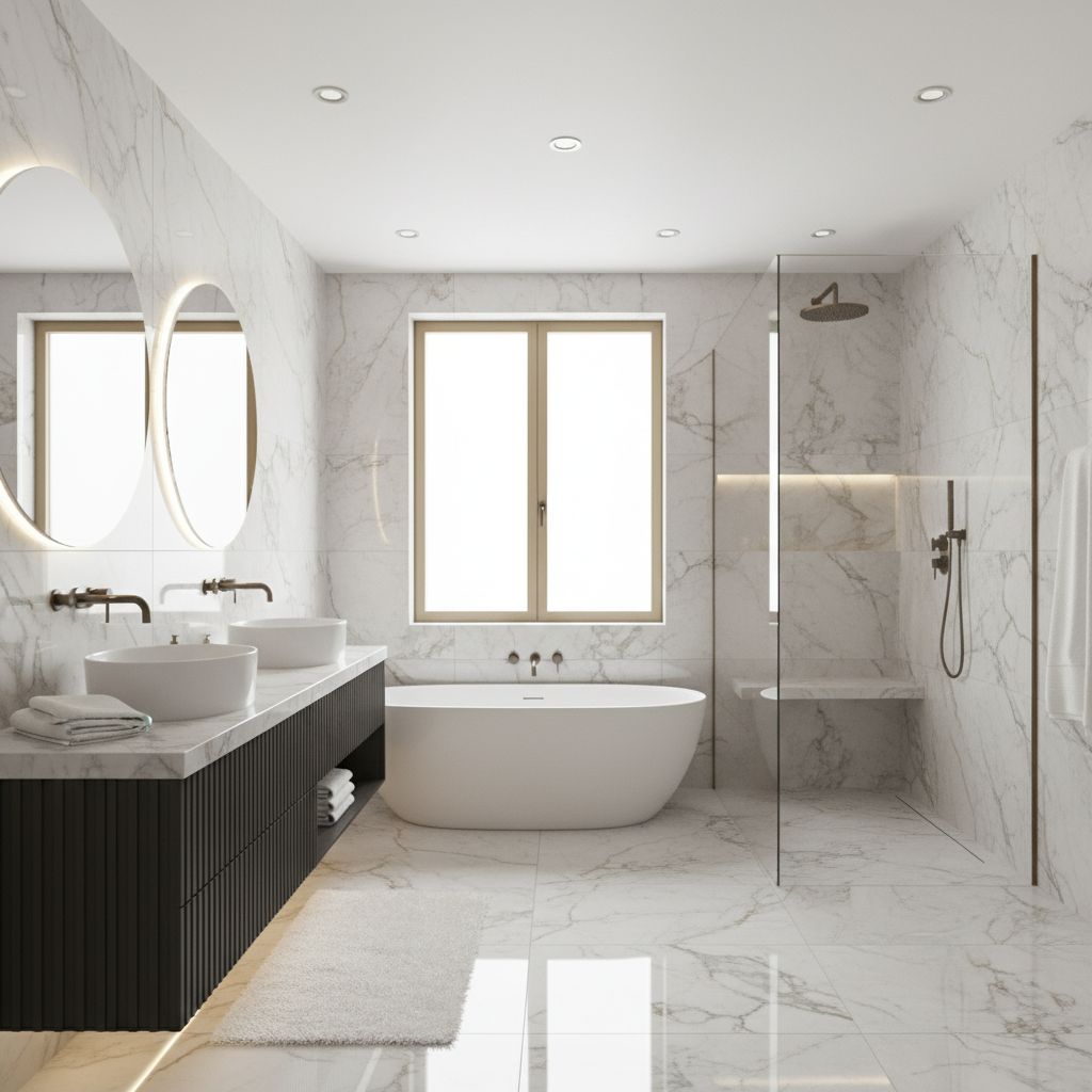 Une salle de bain luxueuse et moderne entièrement rénovée, avec un carrelage élégant, une douche à l