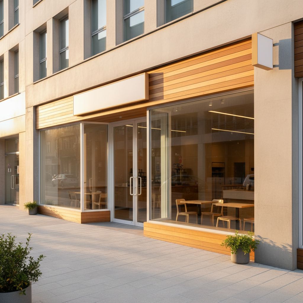 A wide-angle, hyper-realistic photo of a small, bright, and modern retail storefront. The sign above the door is blank, symbolizing a new business. Sunlight streams onto the clean sidewalk, inviting people to look inside.