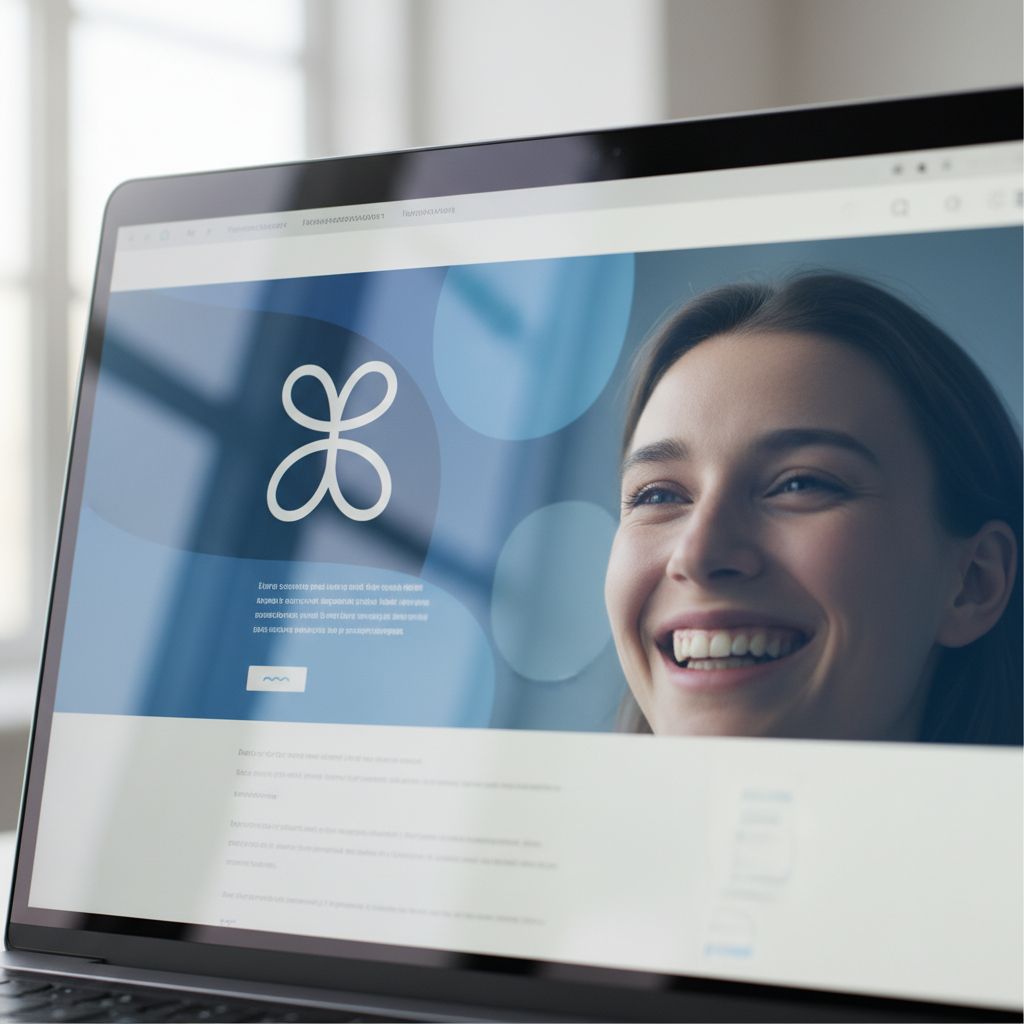 An AI-generated, hyper-realistic photo of a customer's smiling face reflecting in a laptop screen. The screen shows a beautifully designed website with a clear value proposition right at the top.