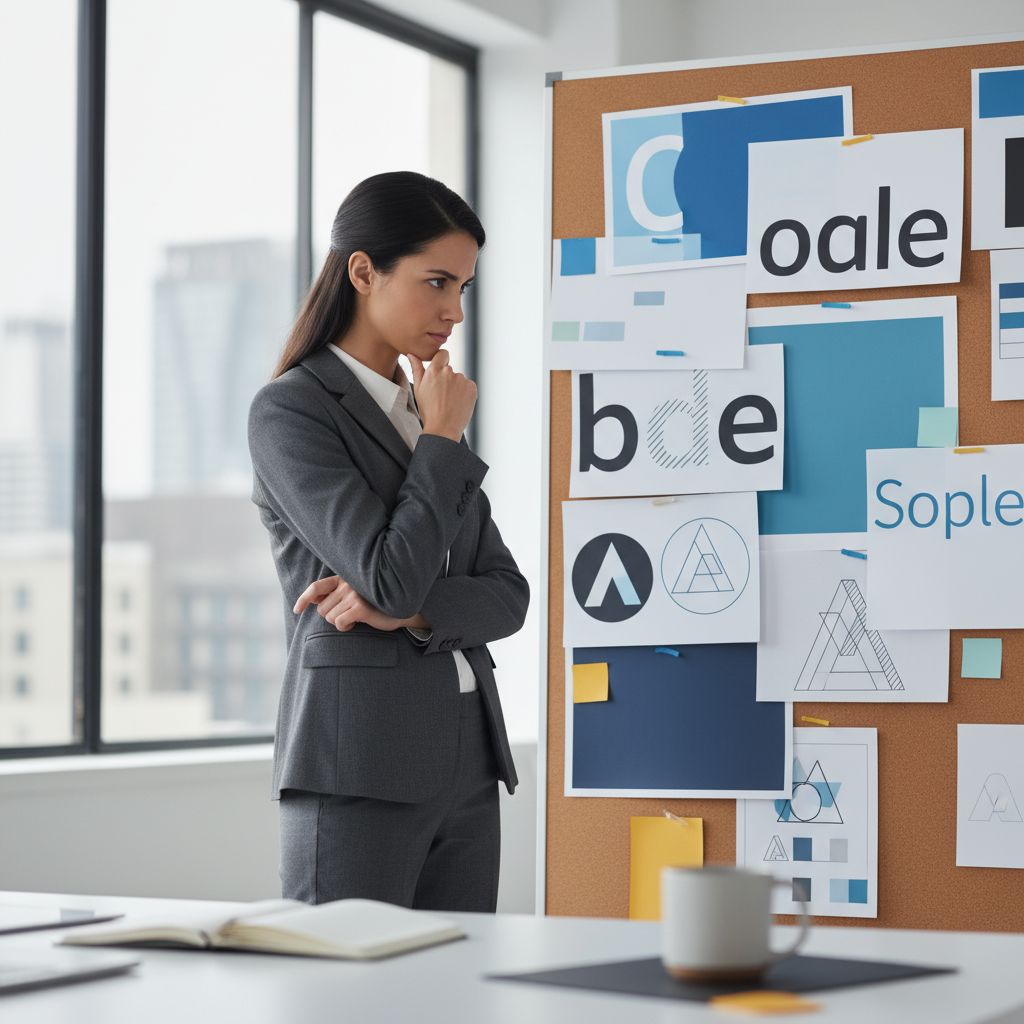 An entrepreneur looking thoughtfully at a mood board with various fonts, colors, and letter-based logos for their new brand.