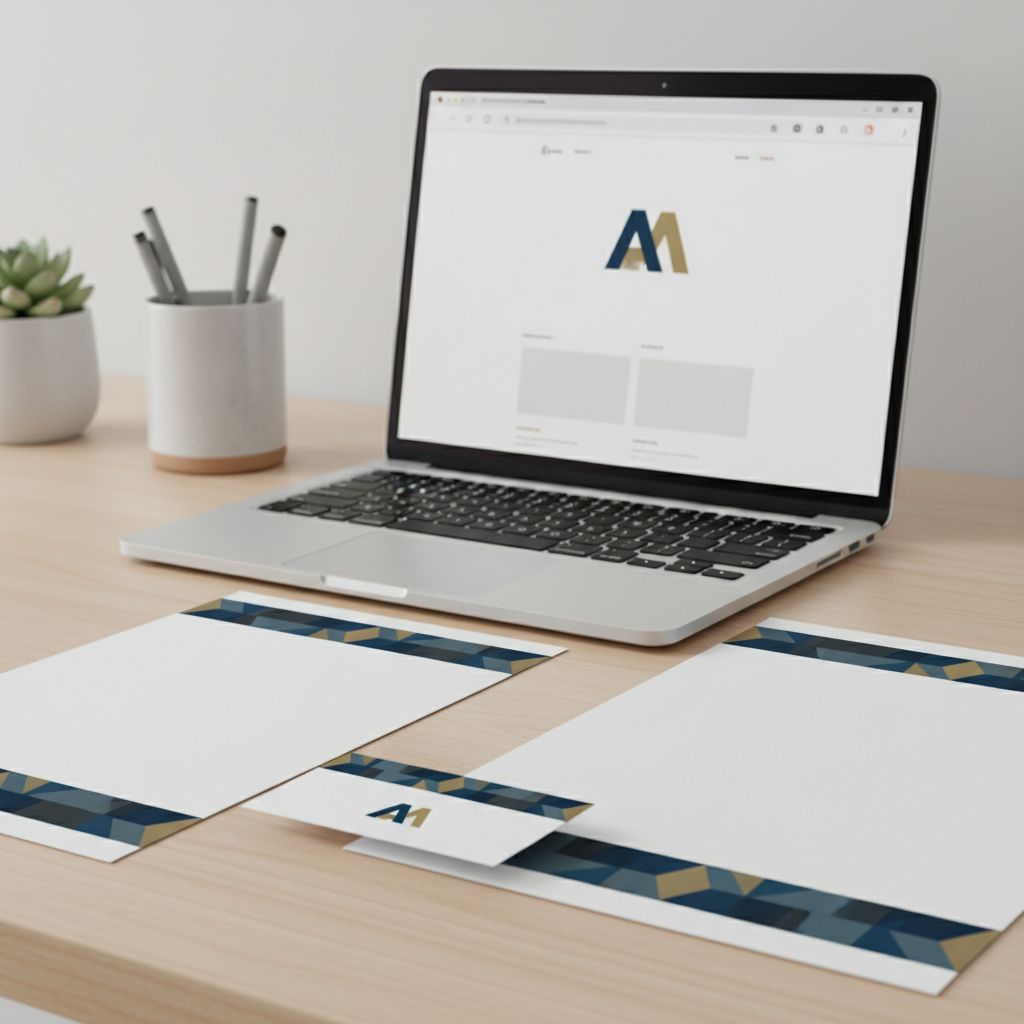 A close-up shot of a freelancer's cohesive branding materials: business card, letterhead, and website on a laptop, all featuring a distinct letter logo.
