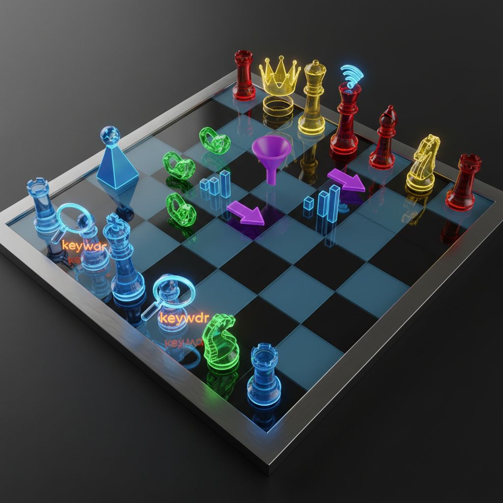 An AI-generated image of a digital chessboard where the pieces are glowing SEO icons like links, keyword symbols, and charts, symbolizing the strategic nature of SEO competition.