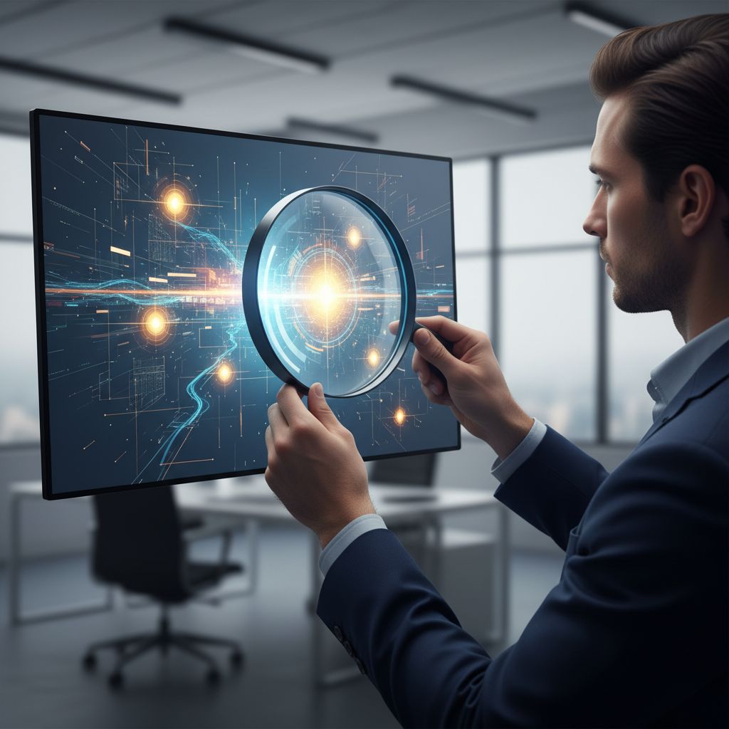 An AI-generated image showing a person using a giant digital magnifying glass to look at a data landscape, with certain data points glowing brightly to represent newly discovered keyword opportunities.