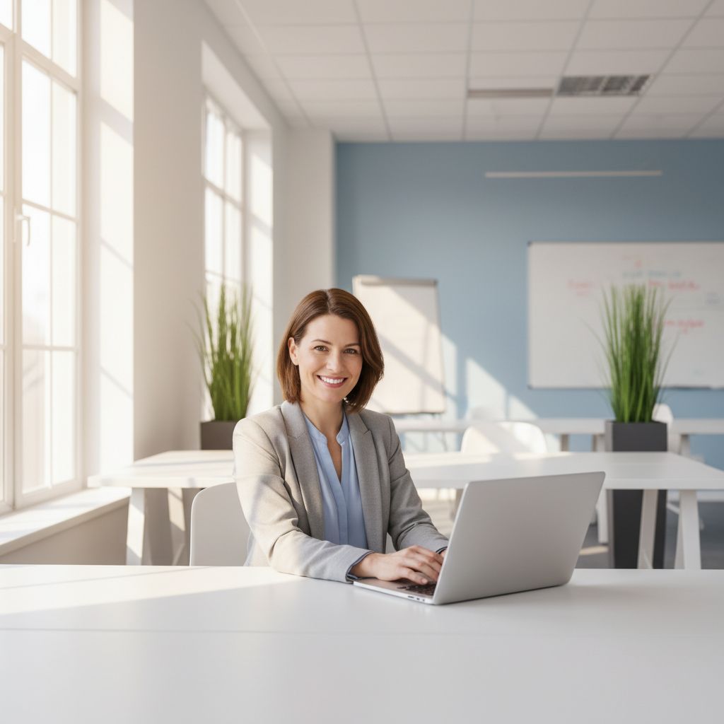 A smiling female entrepreneur works on her laptop in a bright, modern office, a picture of how easy managing a business blog can be.