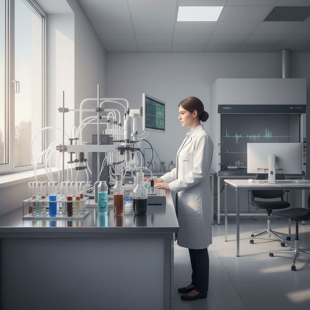 Un scientifique dans un laboratoire moderne et lumineux, utilisant un équipement de pointe pour analyser des échantillons environnementaux, symbolisant l'innovation dans l'EcoTech.