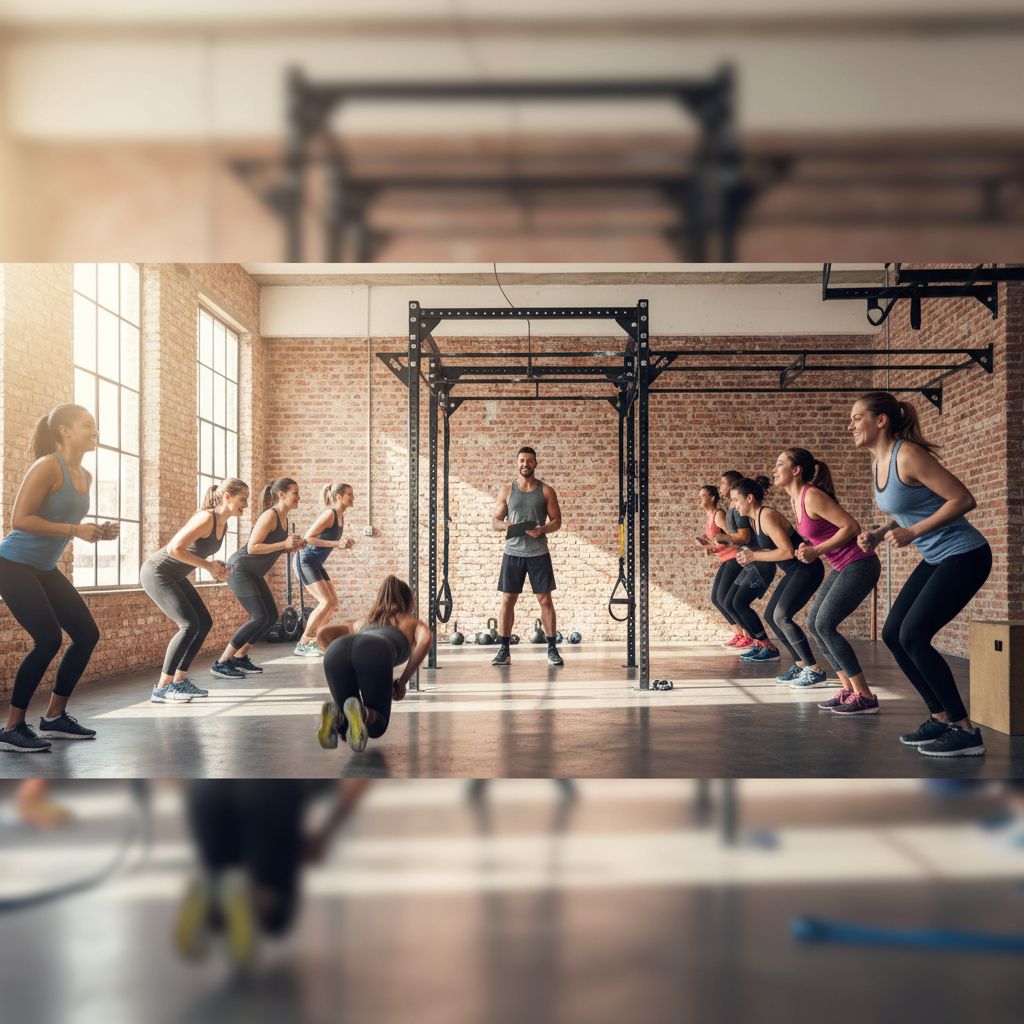 Un cours collectif de fitness fonctionnel dans un espace lumineux et bien équipé. Les participants sont concentrés mais l'ambiance est positive et énergétique, sous l'œil attentif d'un coach.