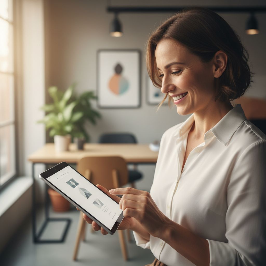 An inspiring image of a small business owner looking proudly at their new professional website on a tablet.