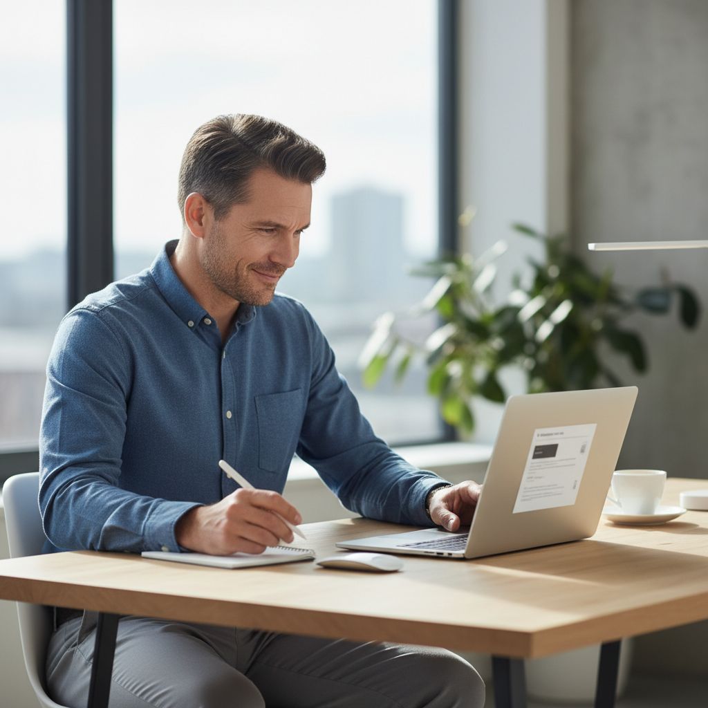 A focused entrepreneur sitting at a clean desk, reviewing website content on their laptop with a look of satisfaction.
