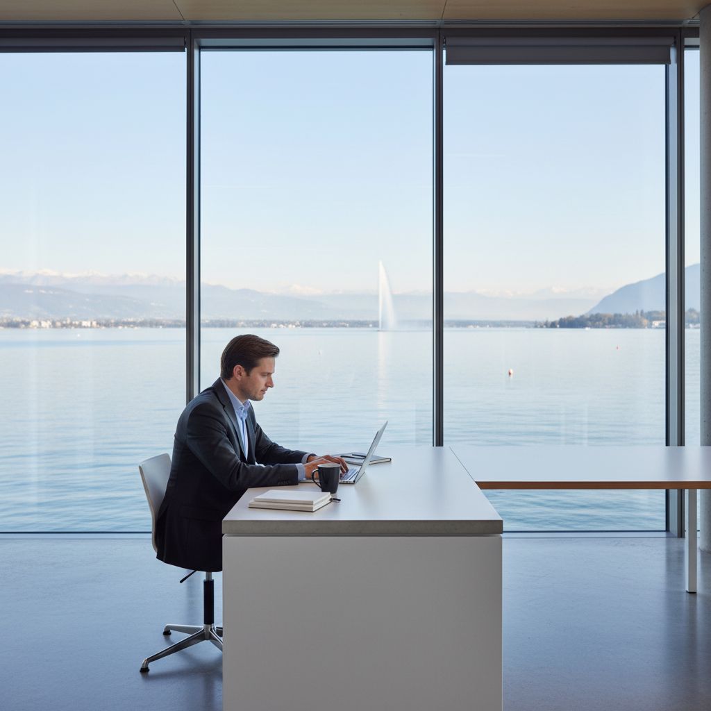 Un entrepreneur suisse travaillant sur son ordinateur portable dans un bureau moderne à Genève, avec en arrière-plan une vue sur le lac Léman, symbolisant l'innovation et l'authenticité dans les affaires.