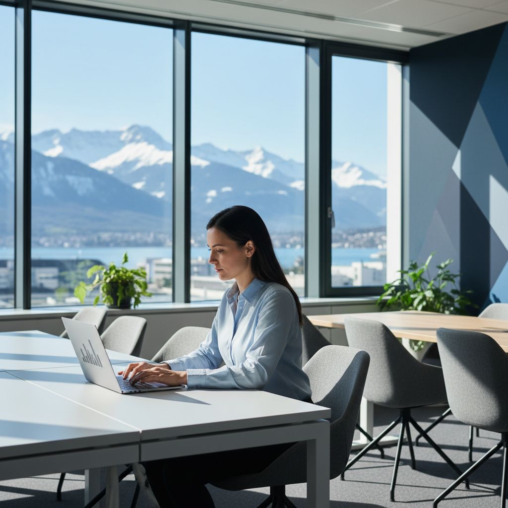 A focused entrepreneur working on a laptop in a modern co-working space in Zurich with mountains visible through the window