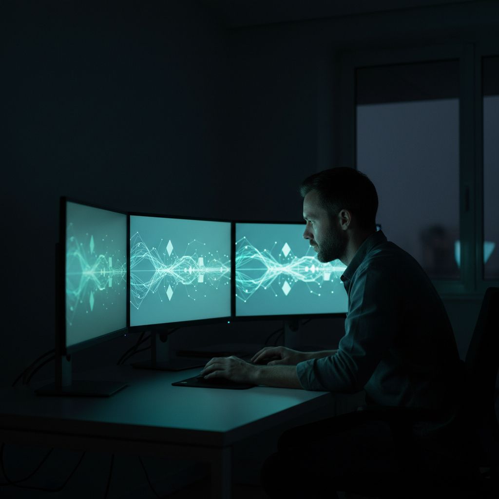Man working late at night on three monitors analyzing complex data charts
