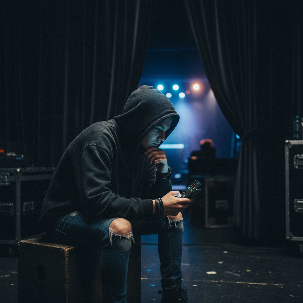 An independent artist using a smartphone backstage to check analytics before a show, moody lighting, realistic style