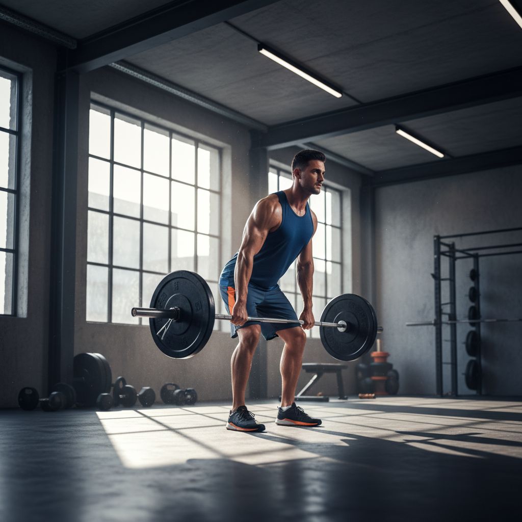 Un athlète concentré soulevant des poids dans une salle de sport moderne style industriel à Renens