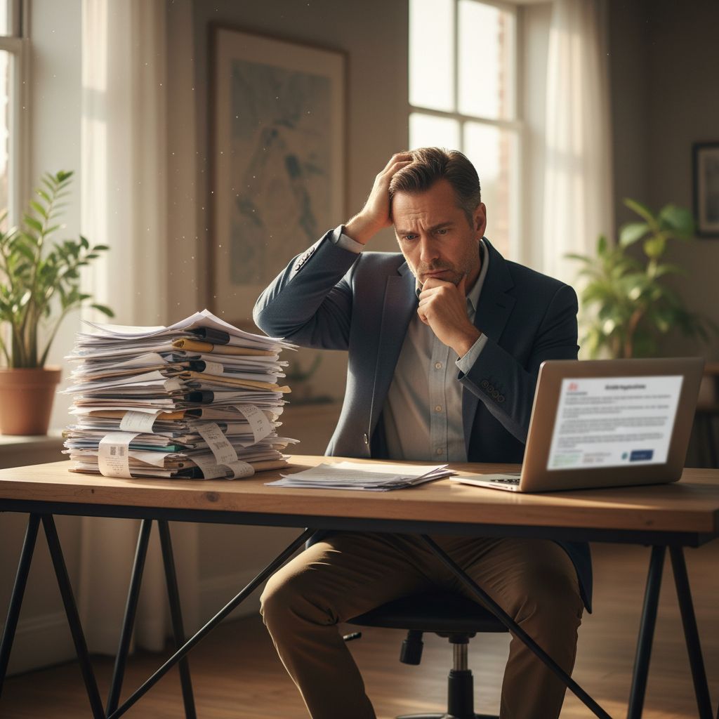A worried property owner looking at a stack of paperwork and a laptop with Airbnb regulations on screen