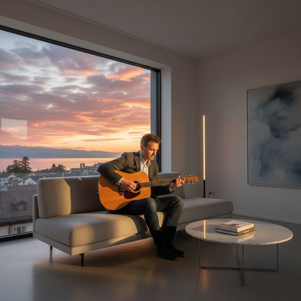 A busy professional playing acoustic guitar in a modern living room in Lausanne, relaxing after work