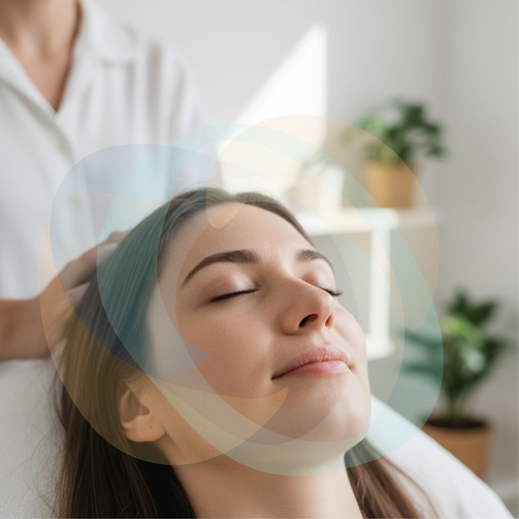 A serene image showing a person receiving a gentle energy healing session with soft lighting, emphasizing relaxation and balance.