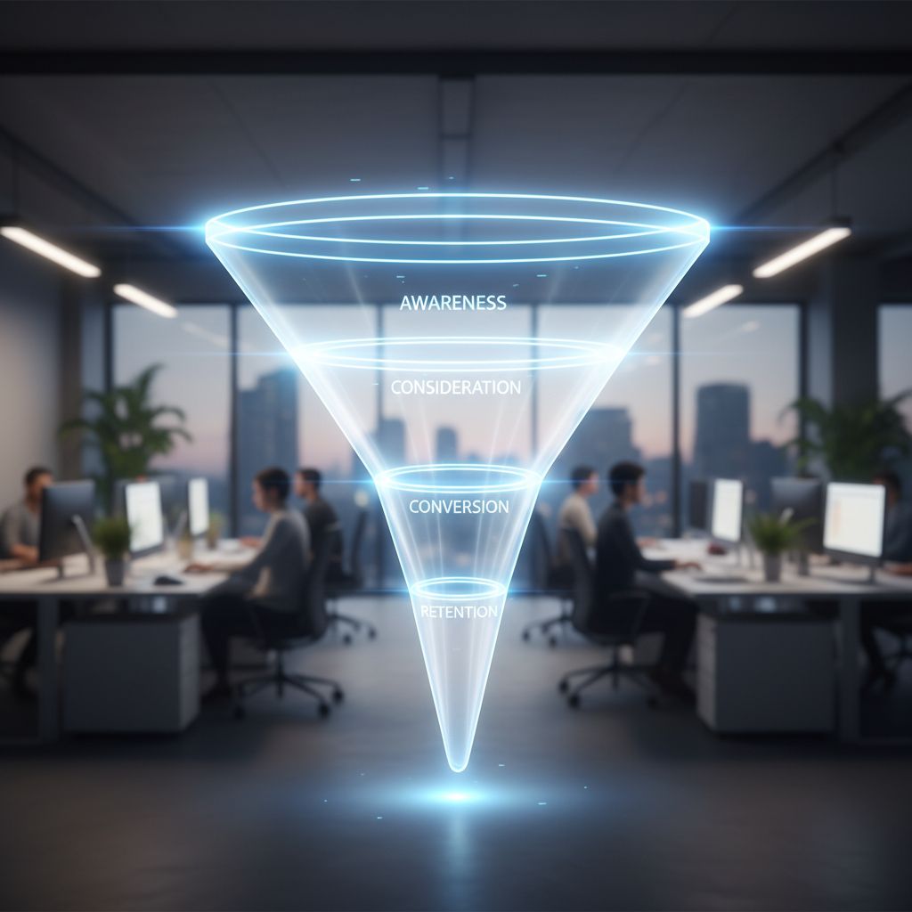 digital marketing funnel visualization showing traffic turning into leads