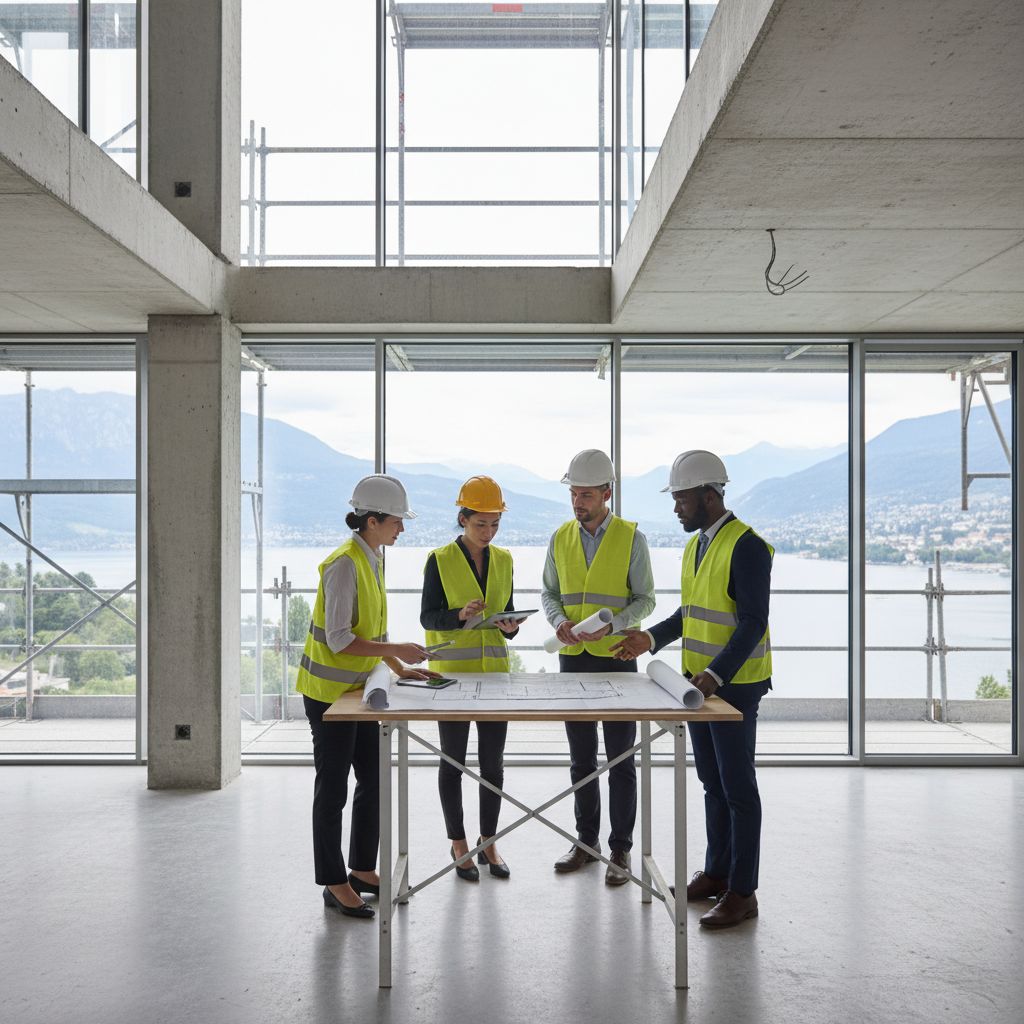 Professional team analyzing blueprints in a modern geneva apartment renovation site
