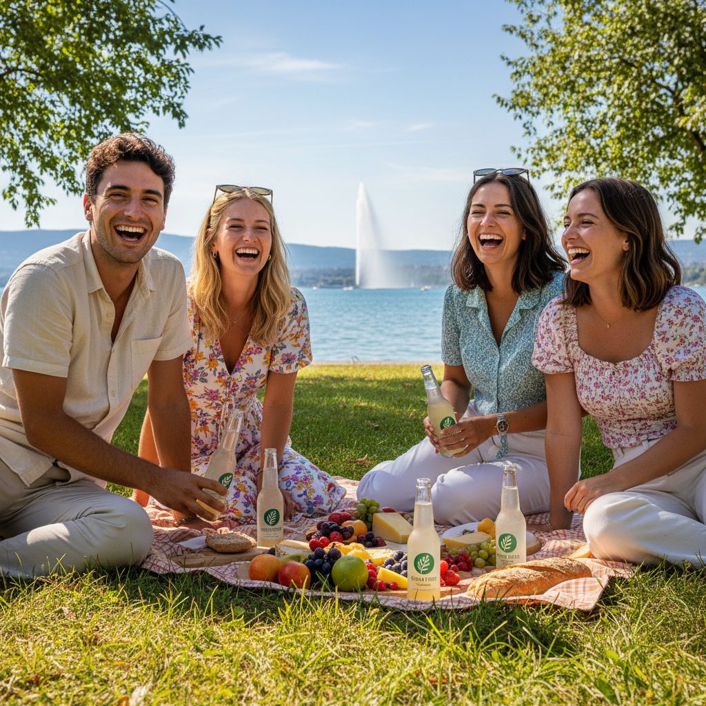 Real photorealistic image of young adults enjoying Grano Maté drinks at a sunny lakeside picnic in Geneva
