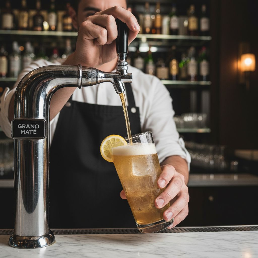 Real photorealistic image of a bartender pouring Grano Maté from a tap into a glass with ice and lemon garnish